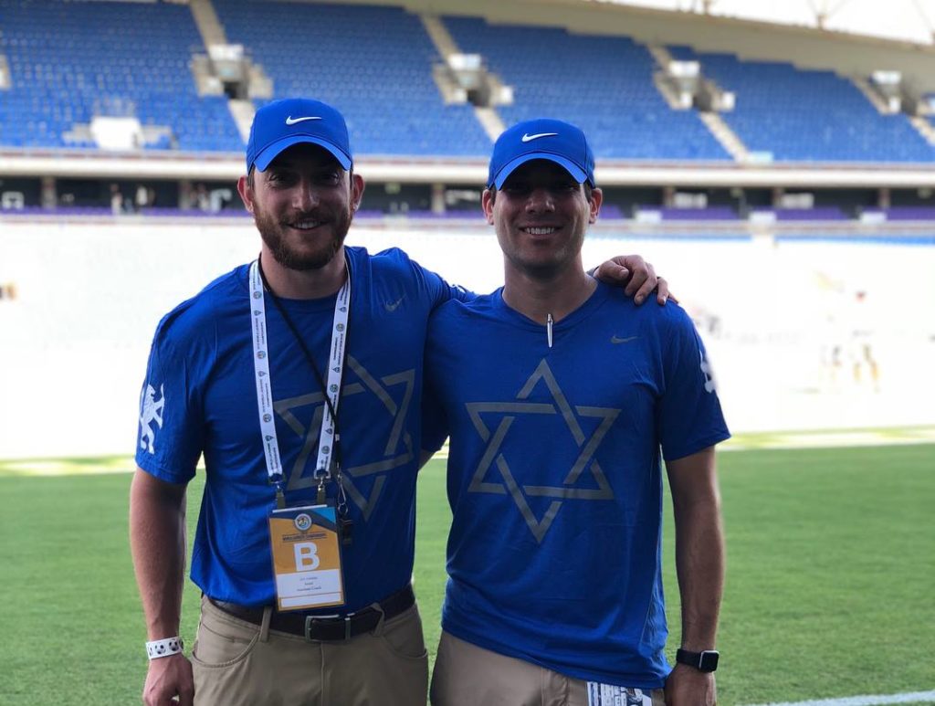 Schwartz (left), and Hirsch following an Israel win over Jamaica at Netanya Stadium.